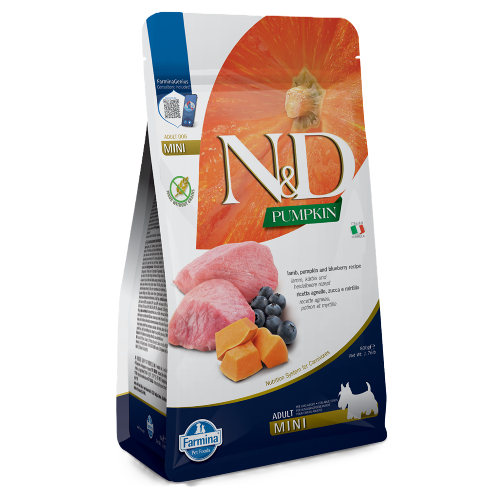 Hrana uscata cu miel, dovleac si afine pentru caini N&D Pumpkin Mini, 800 g, Farmina