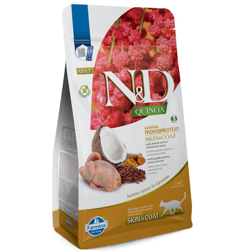 Hrana uscata cu prepelita,quinoa si cocos pentru pisici N&D Quinoa, 1500 g, Farmina