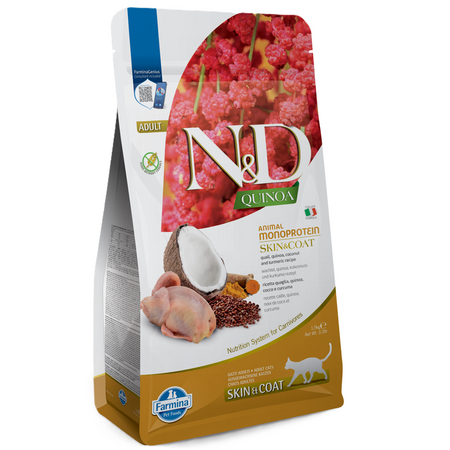 Hrana uscata cu prepelita,quinoa si cocos pentru pisici N&D Quinoa, 1500 g, Farmina