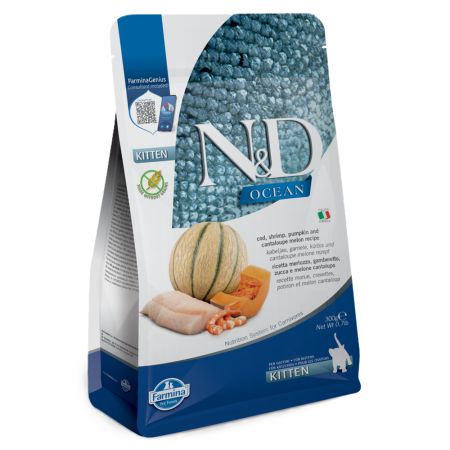 Hrana uscata cu cod, creveti, dovleac si pepene pentru pisici N&D Ocean Kitten, 300 g, Farmina
