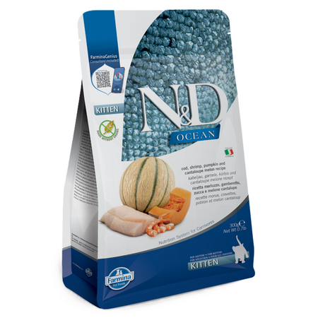 Hrana uscata cu cod, creveti, dovleac si pepene pentru pisici N&D Ocean Kitten, 300 g, Farmina