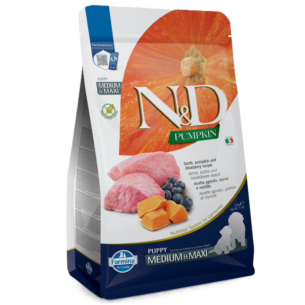 Hrana uscata cu miel, dovleac si afine pentru caini N&D Pumpkin Puppy, 2500 g, Farmina