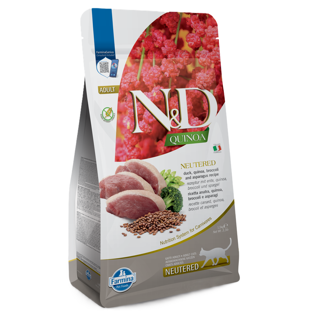 Hrana uscata cu rata, quinoa si broccoli pentru pisici N&D Quinoa Neutered, 1500 g, Farmina