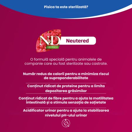 Hrana uscata cu rata, quinoa si broccoli pentru pisici N&D Quinoa Neutered, 1500 g, Farmina 700673