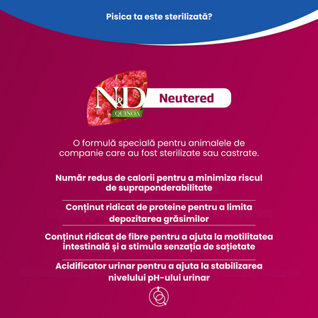 Hrana uscata cu rata, quinoa si broccoli pentru pisici N&D Quinoa Neutered, 1500 g, Farmina 700673