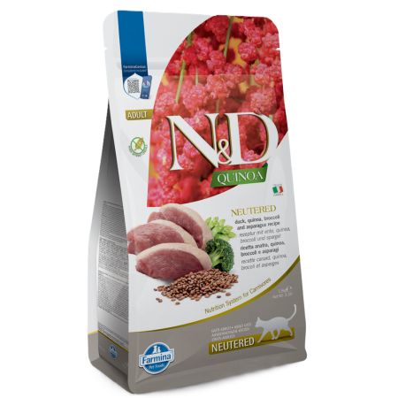 Hrana uscata cu rata, quinoa si broccoli pentru pisici N&D Quinoa Neutered, 1500 g, Farmina