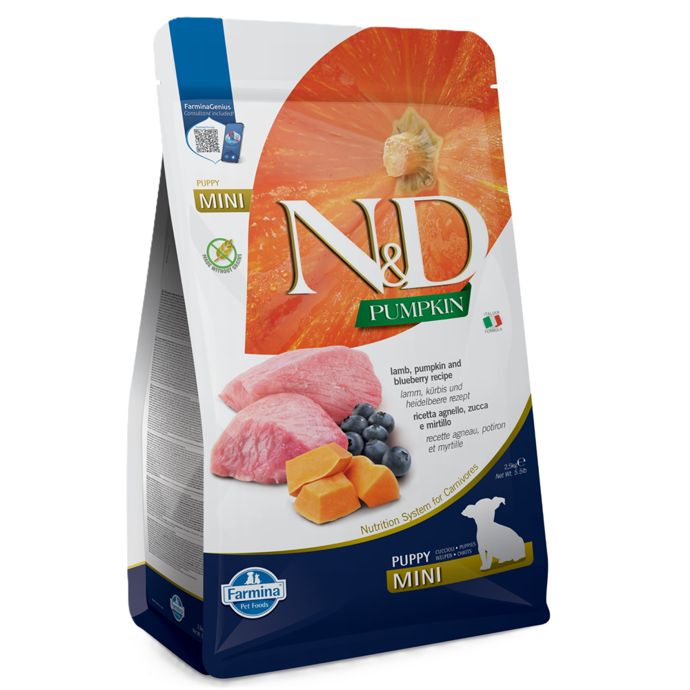 Hrana uscata cu miel, dovleac si afine pentru caini N&D Pumpkin Puppy Mini, 2500 g, Farmina