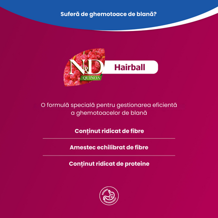 Hrana uscata cu rata, quinoa si mar N&D Hairball Adult, 1500 g, Farmina 700635