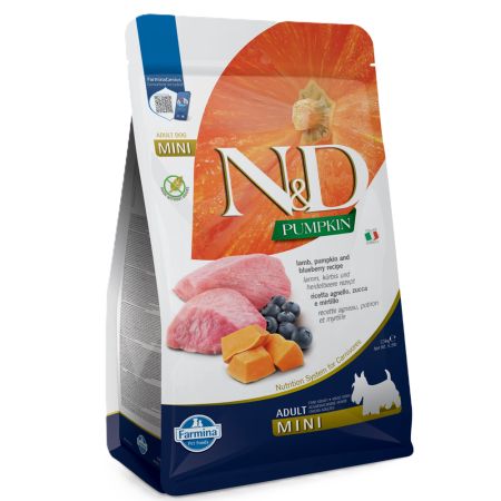 Hrana uscata cu miel, dovleac si afine pentru caini N&D Adult Mini, 2500 g, Farmina