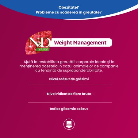 Hrana uscata cu miel, quinoa si broccoli pentru pisici N&D Weight Management, 1500 g, Farmina 700605