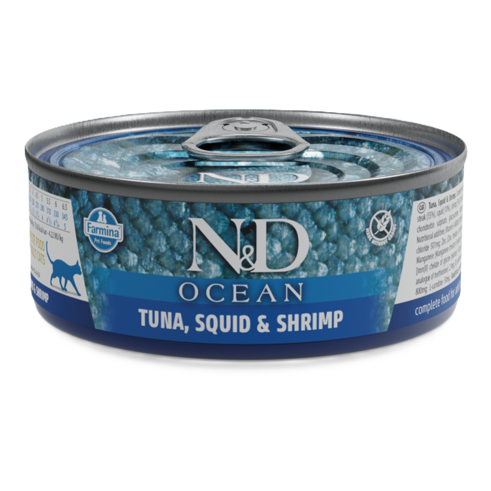 Hrana umeda cu ton, calamar si creveti pentru pisici N&D Ocean, 70 g, Farmina