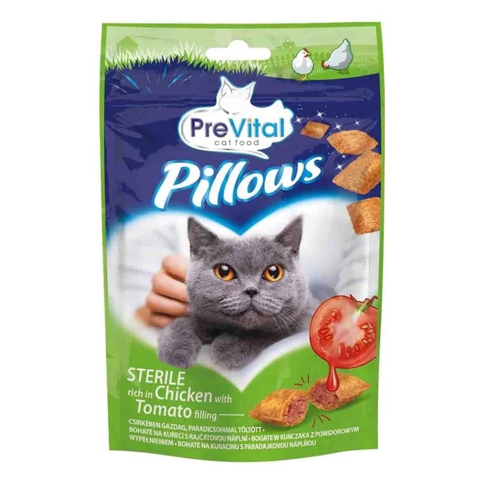 Snackuri cu pui si rosii pentru pisici sterilizate Pillows, 60 g, Prevital