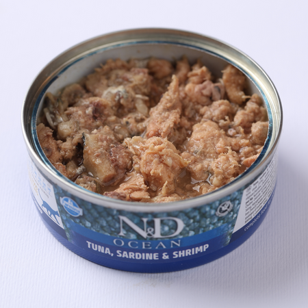 Hrana umeda cu ton, sardine si creveti pentru pisici N&D Ocean, 70 g, Farmina 700567
