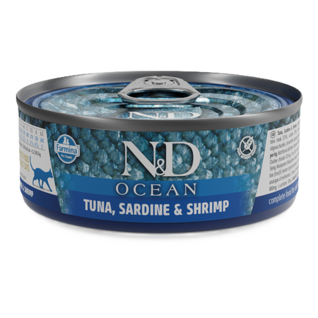 Hrana umeda cu ton, sardine si creveti pentru pisici N&D Ocean, 70 g, Farmina
