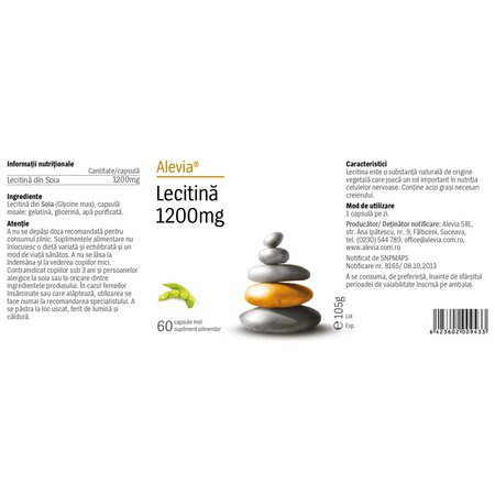 Lecitina, 1200 mg, 60 capsule moi, Alevia 701352