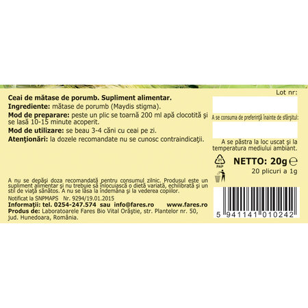 Ceai matase de porumb U 80, 20 plicuri, Fares 618509