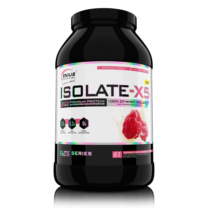 Pudra proteica tip izolat din zer cu aroma de ciocolata alba si zmeura Isolate-X5 Choco-Raspberry, 2000 g, Genius Nutrition