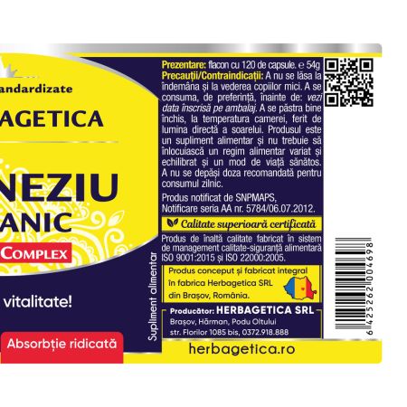 Magneziu Organic cu Vitamina B complex, 120 capsule, Herbagetica 688822