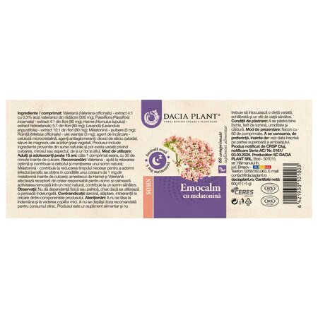 Emocalm cu melatonina, 60 comprimate, Dacia Plant 738638