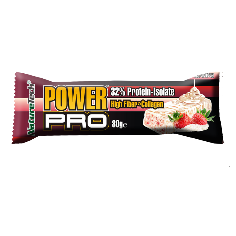 Baton energizant POWER PRO 32% proteina cu capsuni si frisca, 80g, Nature Tech