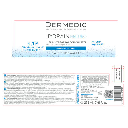Unt de corp ultra-hidratant Hydrain3 Hialuro, 225 ml, Dermedic 707763