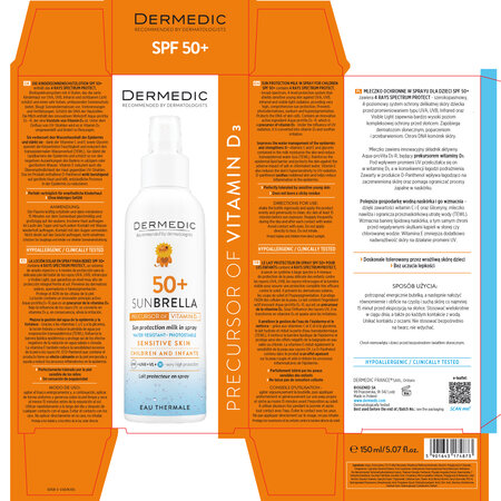 Lapte spray de corp cu SPF 50+ Sunbrella Baby, 150 ml, Dermedic 707812