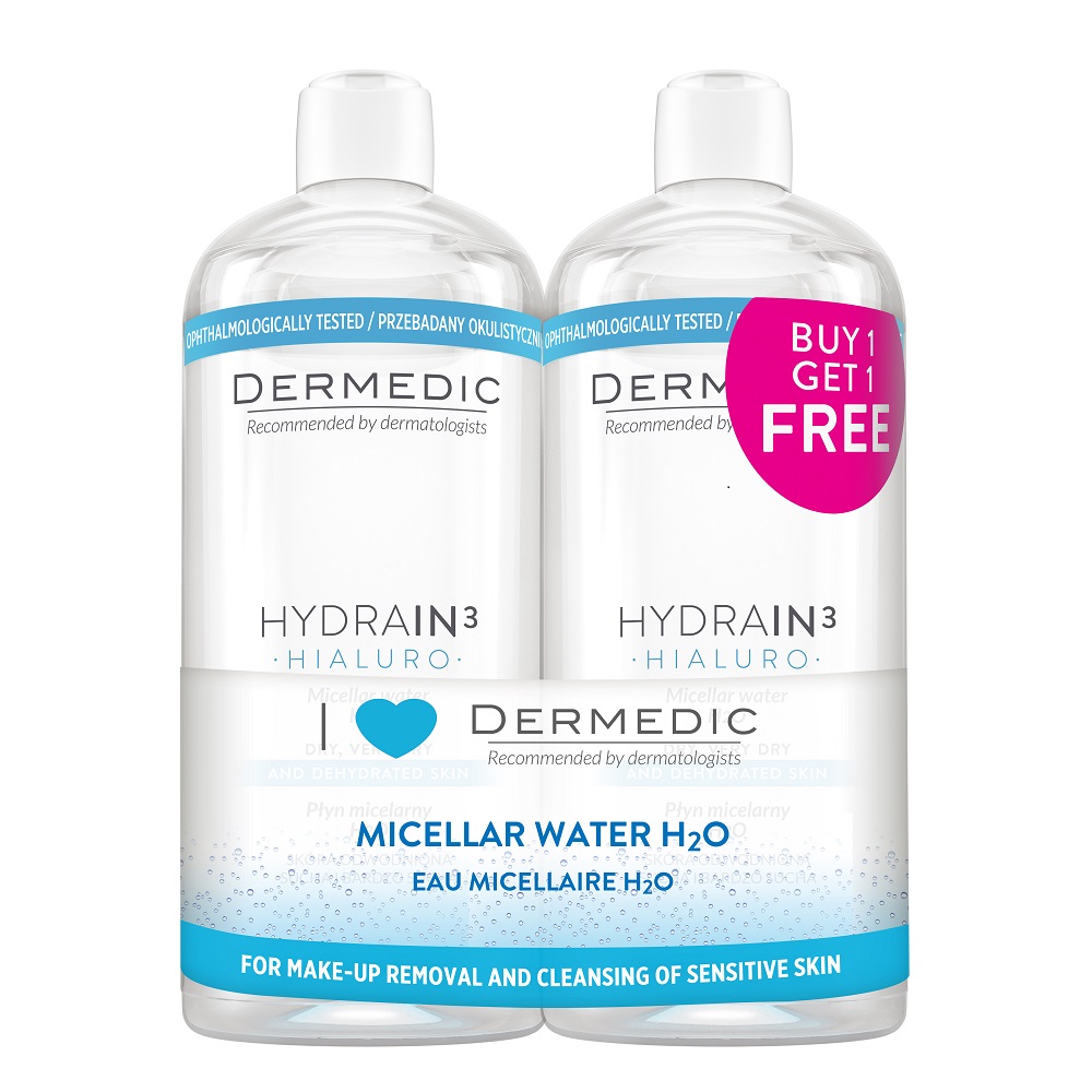 Pachet Apa micelara H2O DuoPack Hydrain3 Hialuro, 2x500 ml, Dermedic