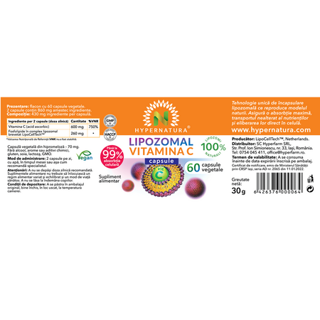 Lipozomal Vitamina C, 60 capsule vegetale, Hypernatura 703984