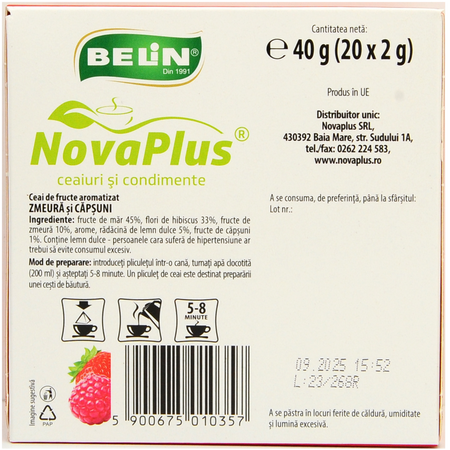 Ceai de zmeura si capsuni, 20 plicuri, Belin 588753