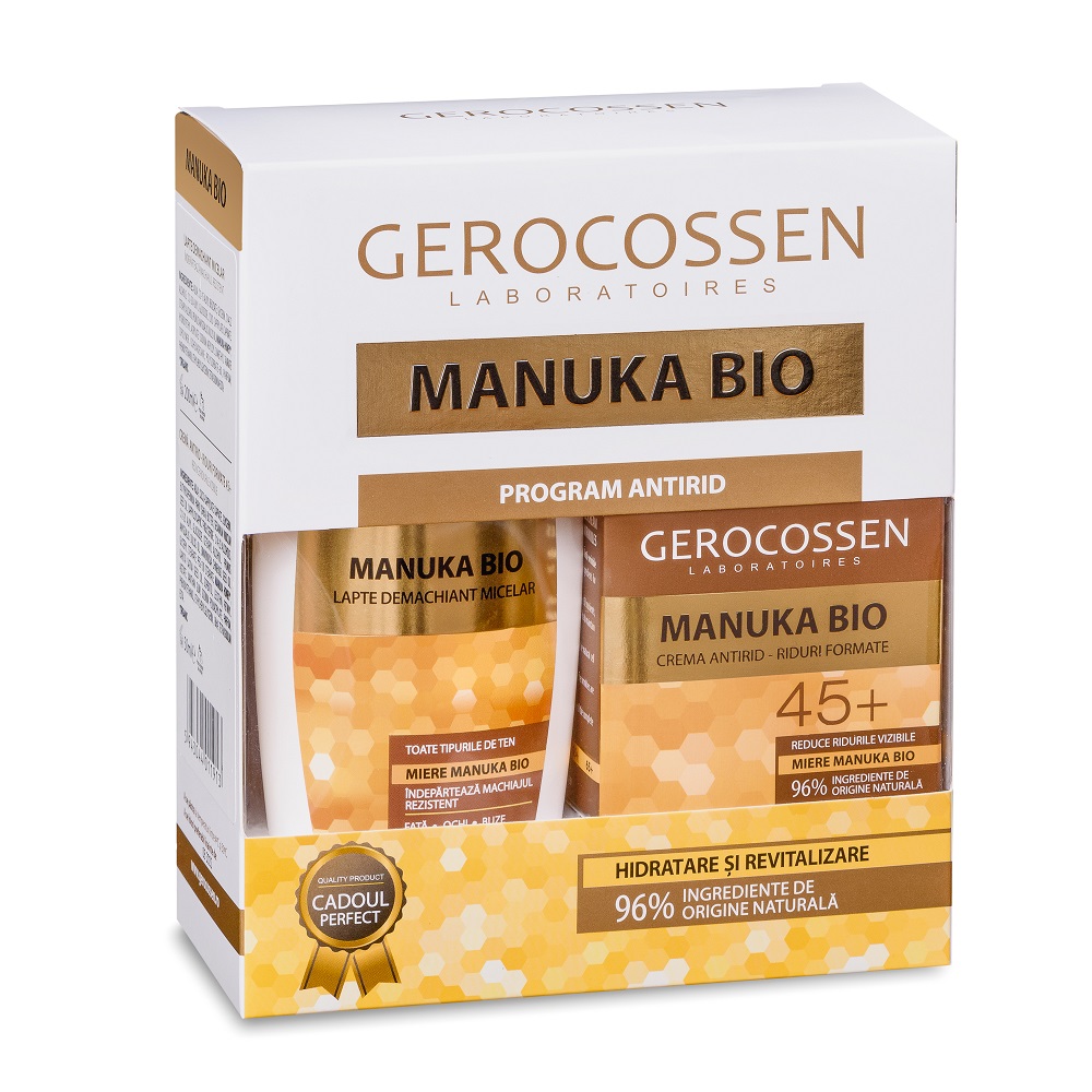 Pachet Crema cu miere Manuka Bio 45+, 50 ml + Apa micelara 3 in 1 cu miere Manuka Bio, 300 ml, Gerocossen