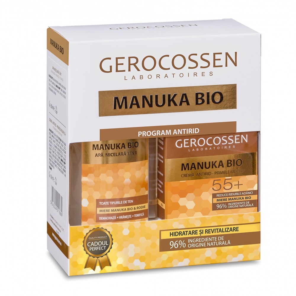 Pachet Crema cu miere Manuka Bio 55+, 50 ml + Apa micelara 3 in 1 cu miere Manuka Bio, 300 ml, Gerocossen