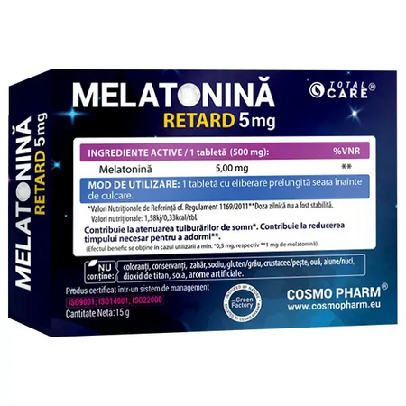 Melatonina Retard, 5 mg, 30 comprimate, Cosmo Pharm 605676