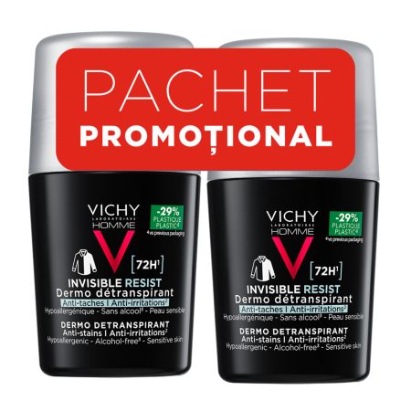 Pachet Deodorant roll-on antiperspirant pentru barbati Invisible Resist 72H, 50 ml + 50 ml, Vichy