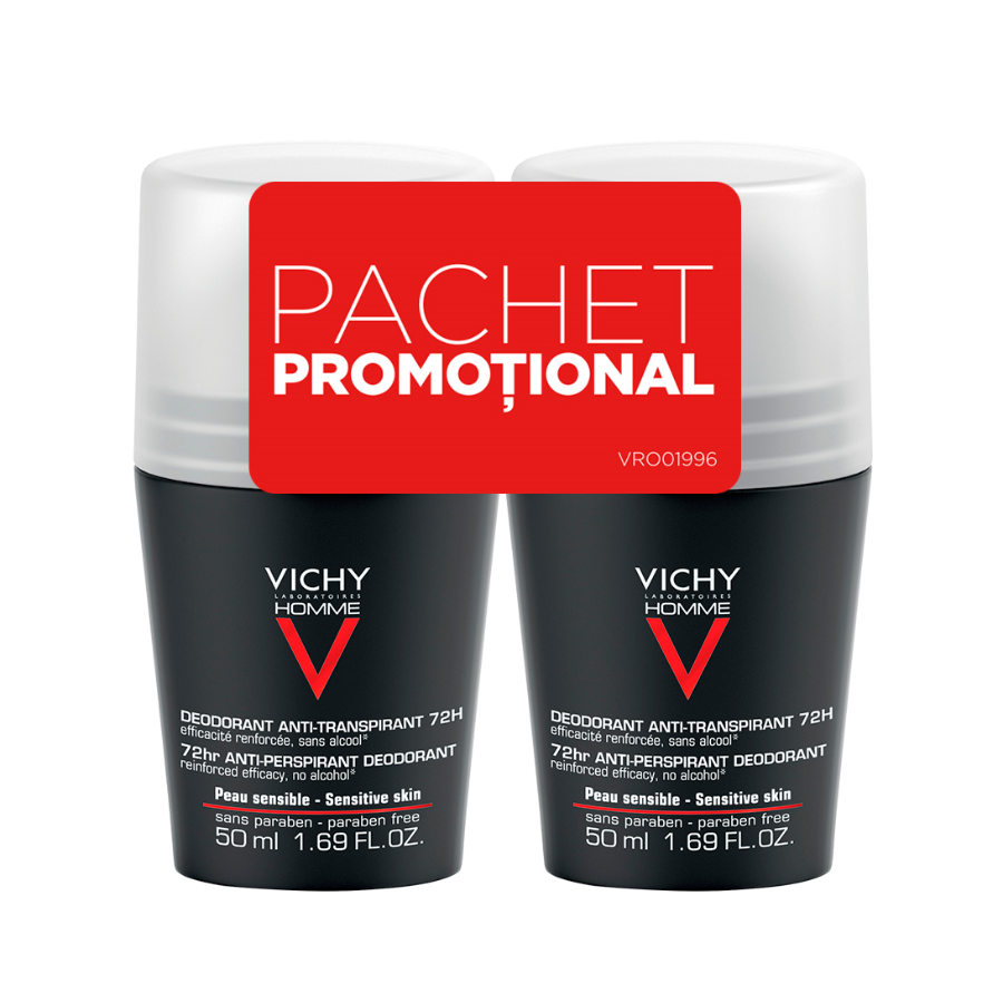 Pachet Deodorant roll-on antiperspirant pentru barbati eficacitate 72h, 50 ml + 50 ml, Vichy