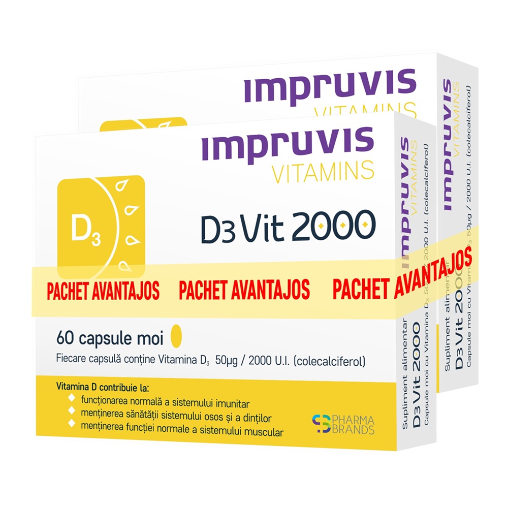 Pachet Impruvis Vitamins D3Vit 2000, 2x60 capsule moi, Pharma Brands