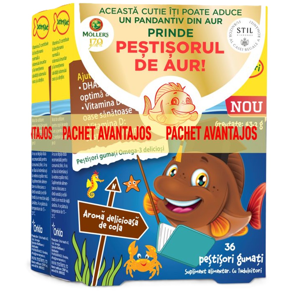 Pachet Pestisori gumati cu Omega-3 si aroma cola, 36 jeleuri + 36 jeleuri, Moller's