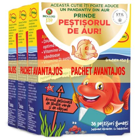 Pachet Pestisori gumati cu Omega-3 aroma de lamaie verde si capsuni, 3 x 36 jeleuri, Moller's