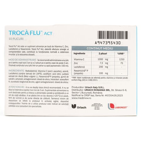 Supliment alimentar pe baza de vitamina C, zinc, lactoferina si noxamicina P Troca Flu Act, 10 plicuri, Uriach 721393