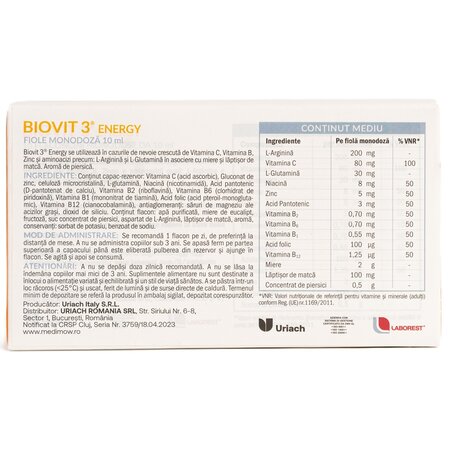 Supliment alimentar pe baza de vitamina B si C, zinc, L-glutamina si L-arginina Biovit 3 Energy, 10 x 10 ml, Uriach 721400