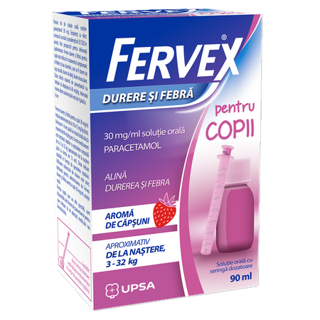 Fervex Durere si Febra pentru copii cu aroma de capsuni, 30 mg/ml solutie orala, 90 ml, Upsa 732143