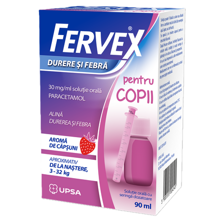 Fervex Durere si Febra pentru copii cu aroma de capsuni, 30 mg/ml solutie orala, 90 ml, Upsa 732142