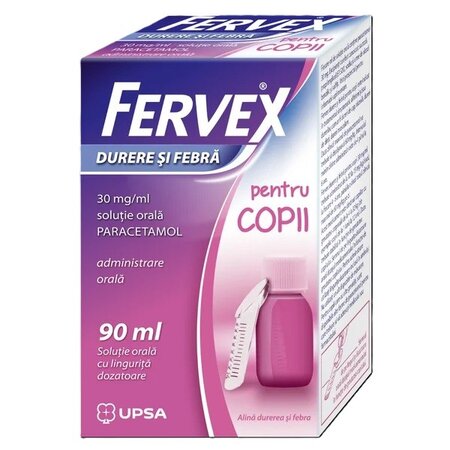 Fervex Durere si Febra pentru copii cu aroma de capsuni, 30 mg/ml solutie orala, 90 ml, Upsa