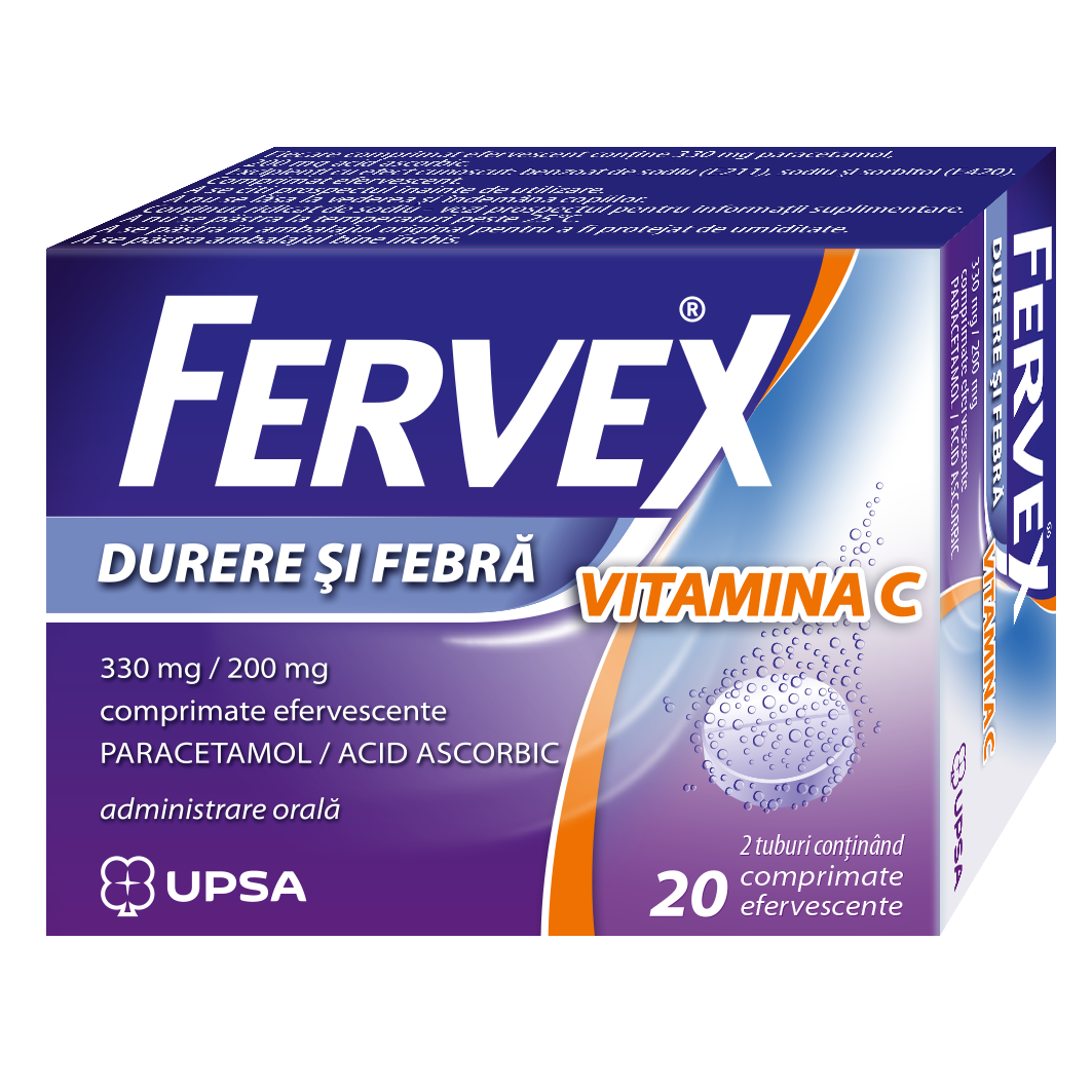 Fervex Durere si Febra Vitamina C, 330 mg/ 200 mg, 20 comprimate efervescente, Upsa