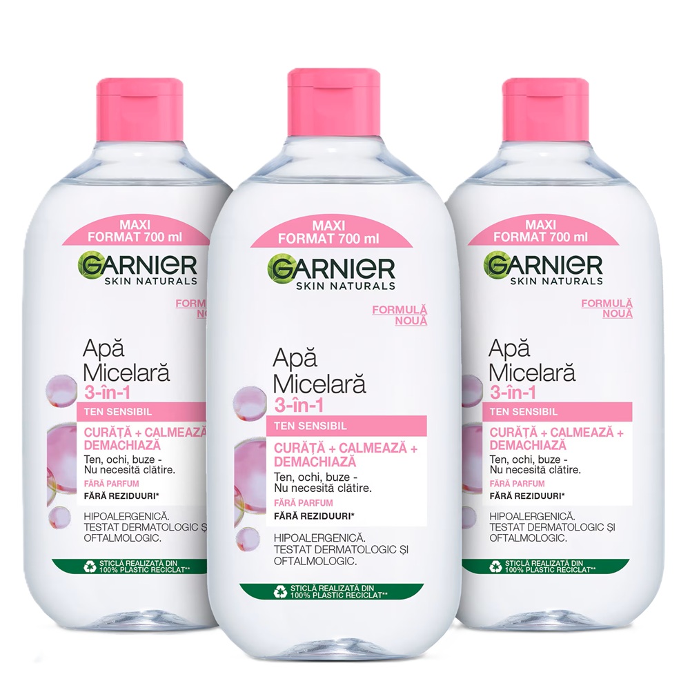 Pachet Apa micelara 3 in 1 pentru ten sensibil Skin Naturals, 3 x 700 ml, Garnier