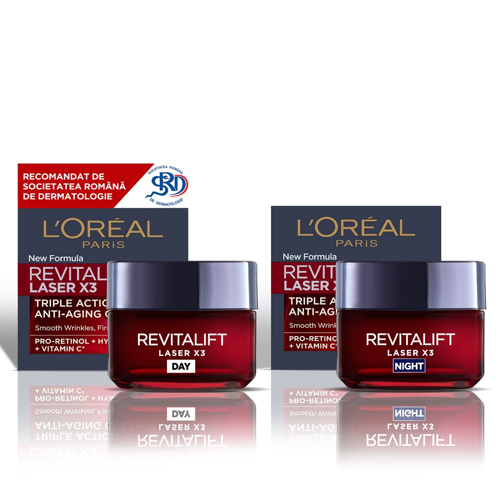 Pachet Crema antirid de zi, 50 ml + Crema antirid de noapte, 50 ml Revitalift Laser X3, Loreal