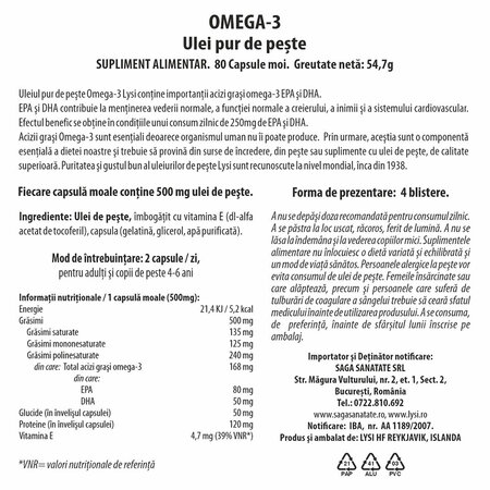 Ulei pur de peste Omega 3, 80 capsule moi, Lysi 703440