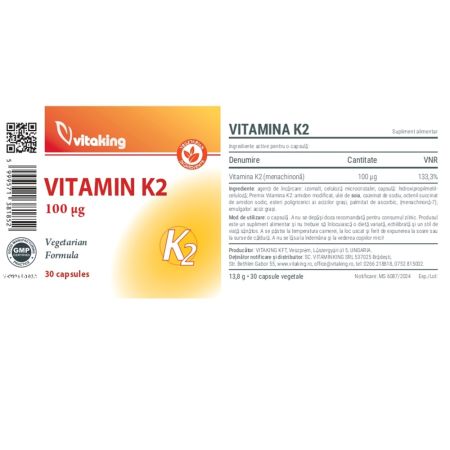 Vitamina K2 naturala, 100 mcg, 30 capsule, Vitaking 705966
