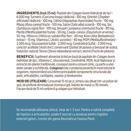 Colagen lichid hidrolizat pentru muschi si ligamente Colagenus Articulatii, 500 ml, Faunus Plant 739295
