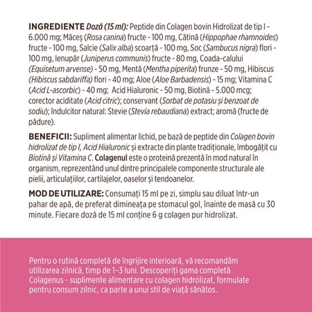 Colagen lichid hidrolizat pentru par, piele si unghii Colagenus Frumusete, 500 ml, Faunus Plant 739286