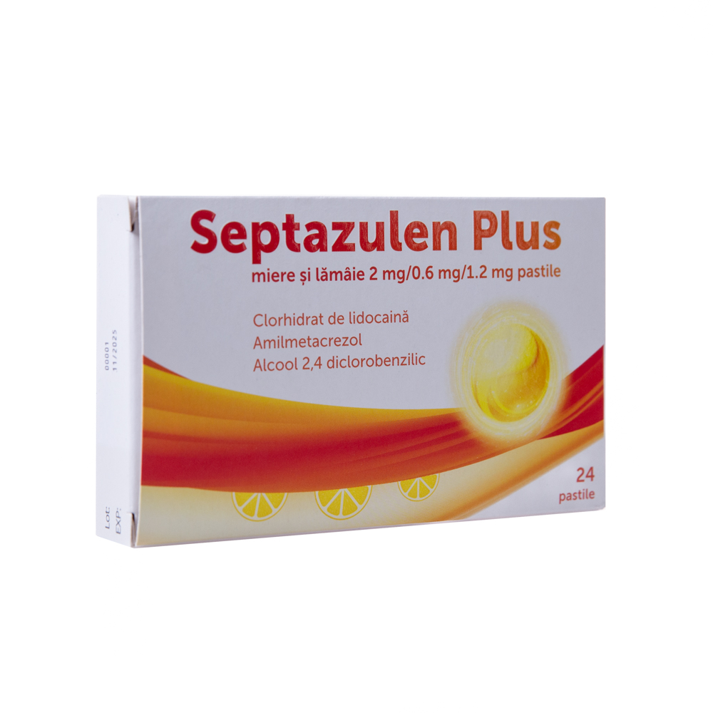 Septazulen Plus Miere si Lamaie, 2 mg/0.6 mg/1.2 mg, 24 pastile, Lozy's Pharmaceuticals